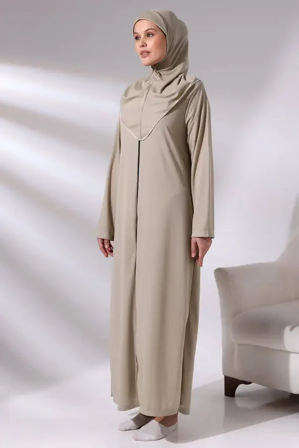 Vizon Kadın Pratik Başörtülü Fermuarlı Tek Parça Namaz Elbisesi Seccade Seti-Vizon - 5