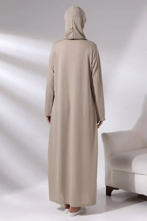 Vizon Kadın Pratik Başörtülü Fermuarlı Tek Parça Namaz Elbisesi Seccade Seti-Vizon - 7