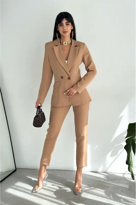 Vizon Kruvaze Blazer Ceket Havuç Pantolon Takım Elbise - Kahverengi - DIAVES