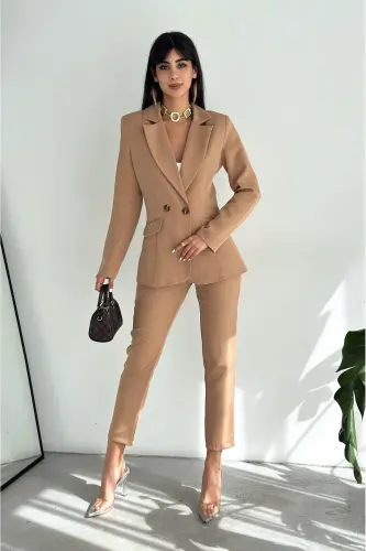 Vizon Kruvaze Blazer Ceket Havuç Pantolon Takım Elbise - Kahverengi 