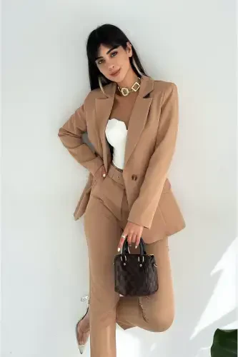 Vizon Kruvaze Blazer Jilet Shim Xalat - Jigarrang - DIAVES (1)