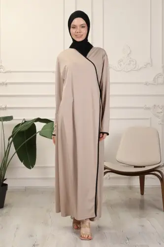 Vizon Kruvaze Yaka Biyeli Esnek Interlok Kumaş Namaz Elbisesi-Vizon - 7