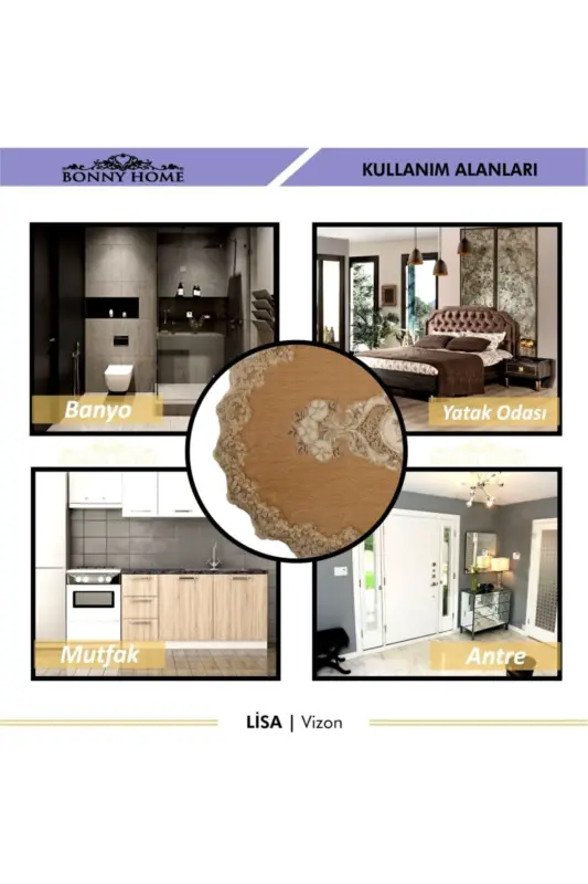 Vizon Liza 3 lu Seplik Fransuz Dantelli Aplikli Klozet Takımı Banyo Gilami Paspas Seti-Vizon - 6