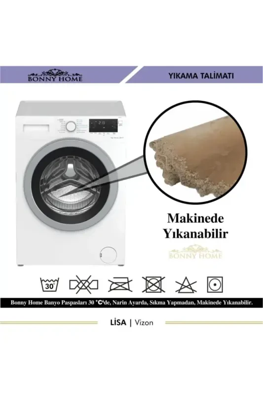 Vizon Liza 3 lu Seplik Fransuz Dantelli Aplikli Klozet Takımı Banyo Gilami Paspas Seti-Vizon - 5