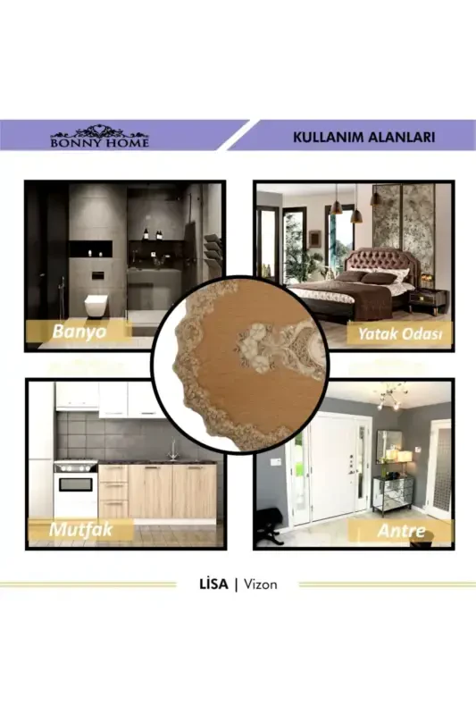 Vizon Liza 3 lu Seplik Fransuz Dantelli Aplikli Klozet Takımı Banyo Gilami Paspas Seti-Vizon - 6