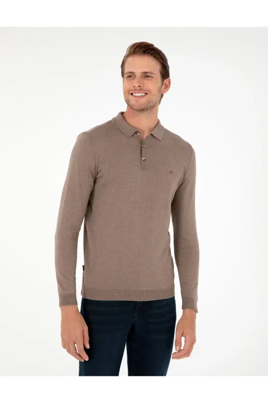 Vizon Melanj Slim Fit Polo Yaka Basic Triko Kazak 50296623-VR174-Vizon Melanj - 3