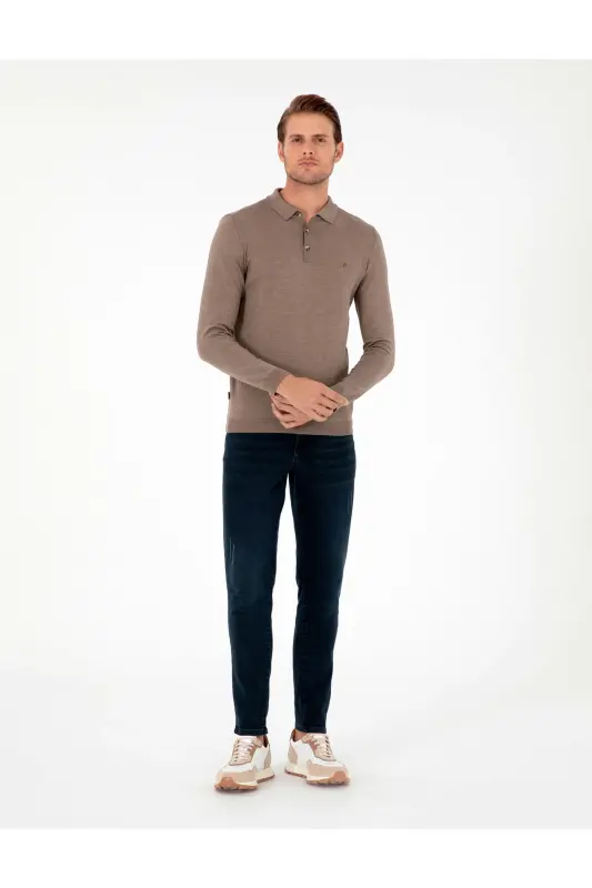 Vizon Melanj Slim Fit Polo Yaka Basic Triko Kazak 50296623-VR174-Vizon Melanj - 4