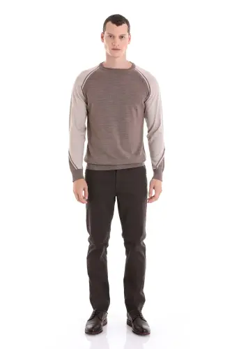 Vizon Regular Fit Bisiklet Yaka Jakarlı Yünlü Triko Kazak-Vizon - 2