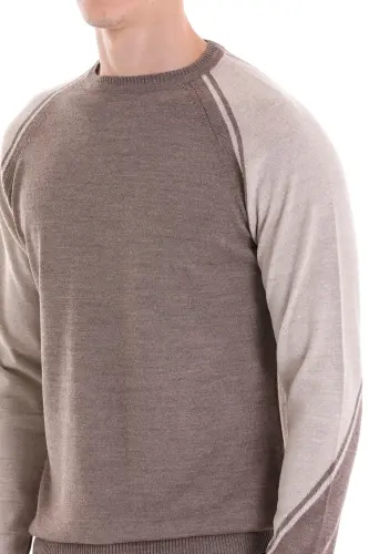 Vizon Regular Fit Bisiklet Yaka Jakarlı Yünlü Triko Kazak-Vizon - 5