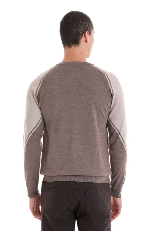 Vizon Regular Fit Bisiklet Yaka Jakarlı Yünlü Triko Kazak-Vizon - 6