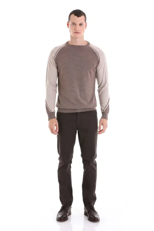 Vizon Regular Fit Bisiklet Yaka Jakarlı Yünlü Triko Kazak-Vizon - 2