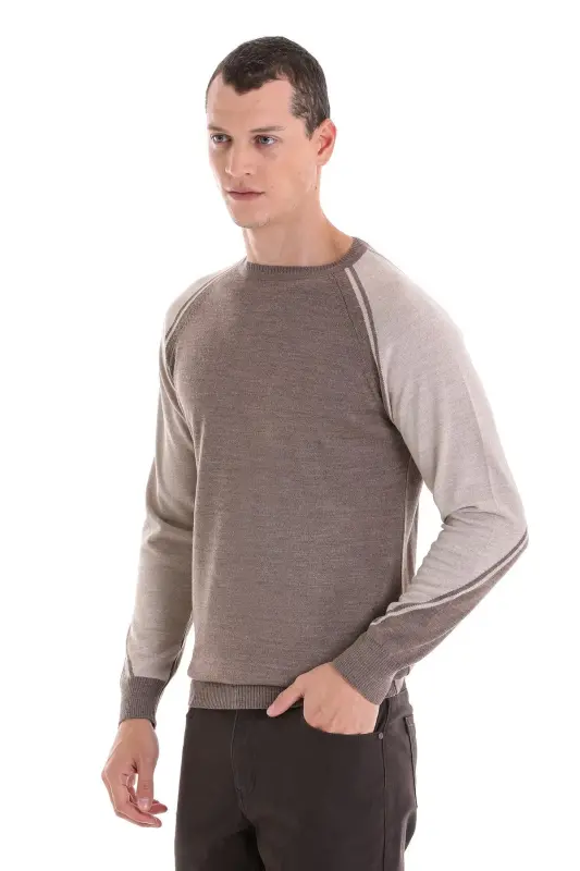 Vizon Regular Fit Bisiklet Yaka Jakarlı Yünlü Triko Kazak-Vizon - 3