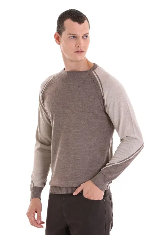 Vizon Regular Fit Bisiklet Yaka Jakarlı Yünlü Triko Kazak-Vizon - 4