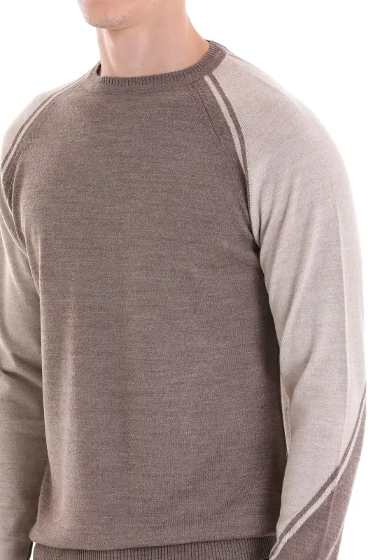 Vizon Regular Fit Bisiklet Yaka Jakarlı Yünlü Triko Kazak-Vizon - 5