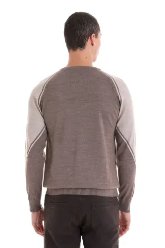 Vizon Regular Fit Bisiklet Yaka Jakarlı Yünlü Triko Kazak-Vizon - 6