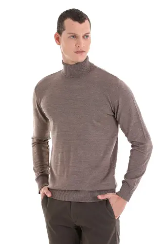 Vizon Regular Fit Düz Balıkçı Yaka Yünlü Triko Kazak-Vizon - 1