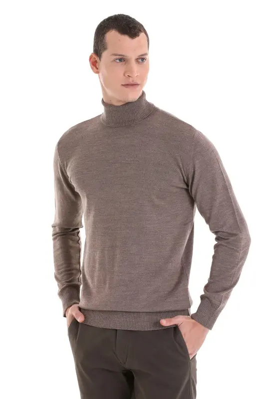 Vizon Regular Fit Düz Balıkçı Yaka Yünlü Triko Kazak-Vizon - 1