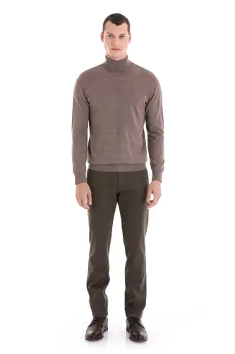 Vizon Regular Fit Düz Balıkçı Yaka Yünlü Triko Kazak-Vizon - 3