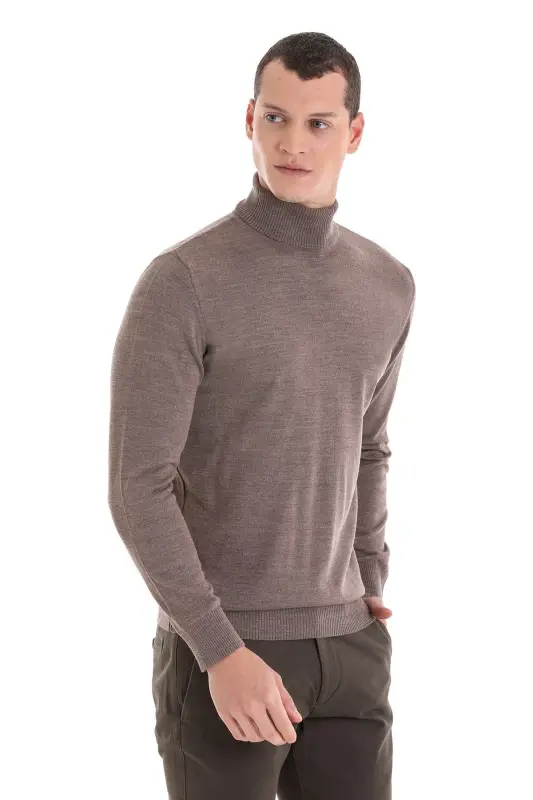 Vizon Regular Fit Düz Balıkçı Yaka Yünlü Triko Kazak-Vizon - 4