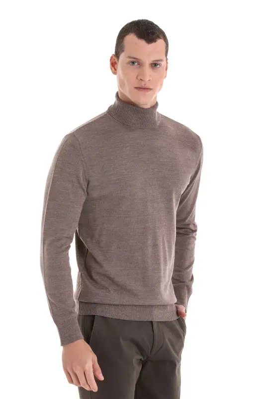 Vizon Regular Fit Düz Balıkçı Yaka Yünlü Triko Kazak-Vizon - 2