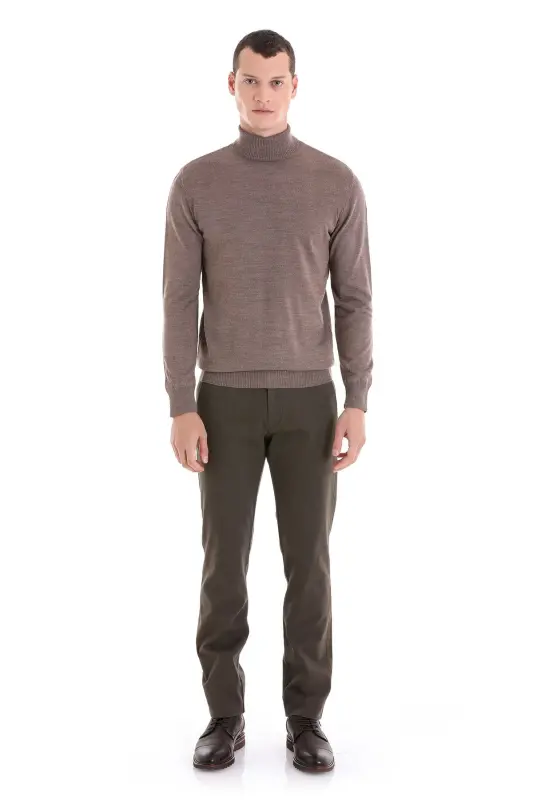 Vizon Regular Fit Düz Balıkçı Yaka Yünlü Triko Kazak-Vizon - 3