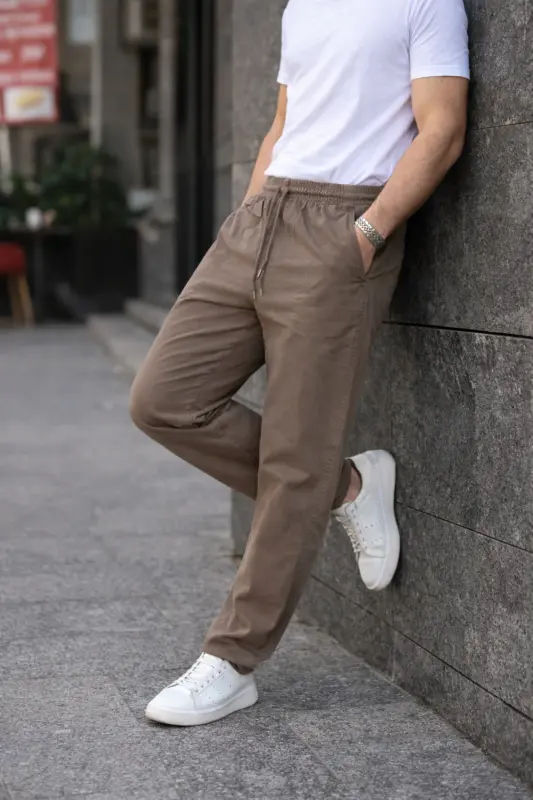 Vizon Renk Erkek Yazlık Keten Karışımı Relaxed Pantolon-Vizon - 3