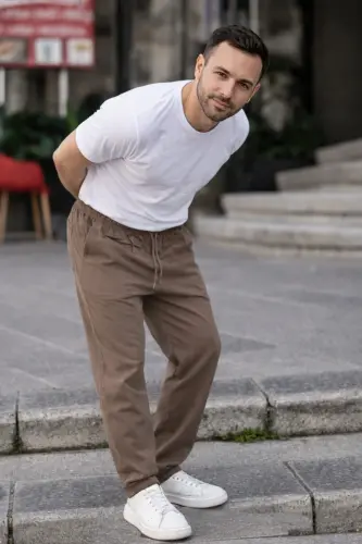 Vizon Renk Erkek Yazlık Keten Karışımı Relaxed Pantolon-Vizon - 4