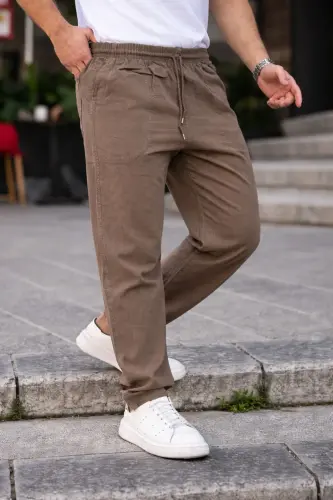 Vizon Renk Erkek Yazlık Keten Karışımı Relaxed Pantolon-Vizon - 5