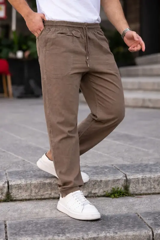Vizon Renk Erkek Yazlık Keten Karışımı Relaxed Pantolon-Vizon - 5