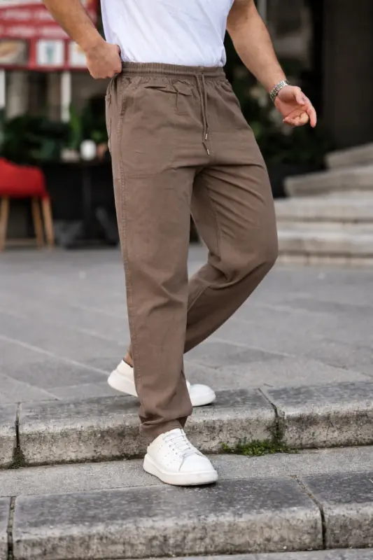 Vizon Renk Erkek Yazlık Keten Karışımı Relaxed Pantolon - Vizon - 1