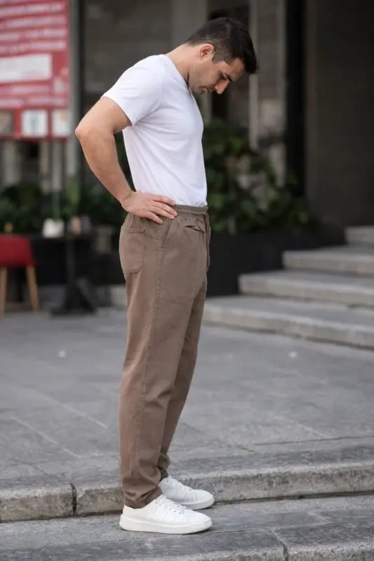 Vizon Renk Erkek Yazlık Keten Karışımı Relaxed Pantolon - Vizon - 2