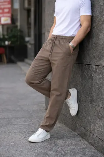 Vizon Renk Erkek Yazlık Keten Karışımı Relaxed Pantolon - Vizon - 3