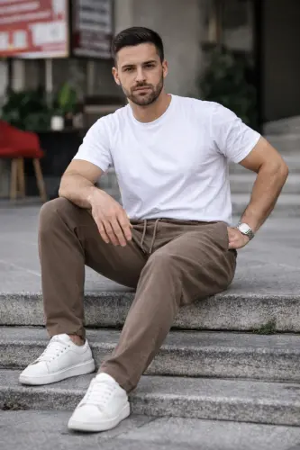 Vizon Renk Erkek Yazlık Keten Karışımı Relaxed Pantolon - Vizon - 6