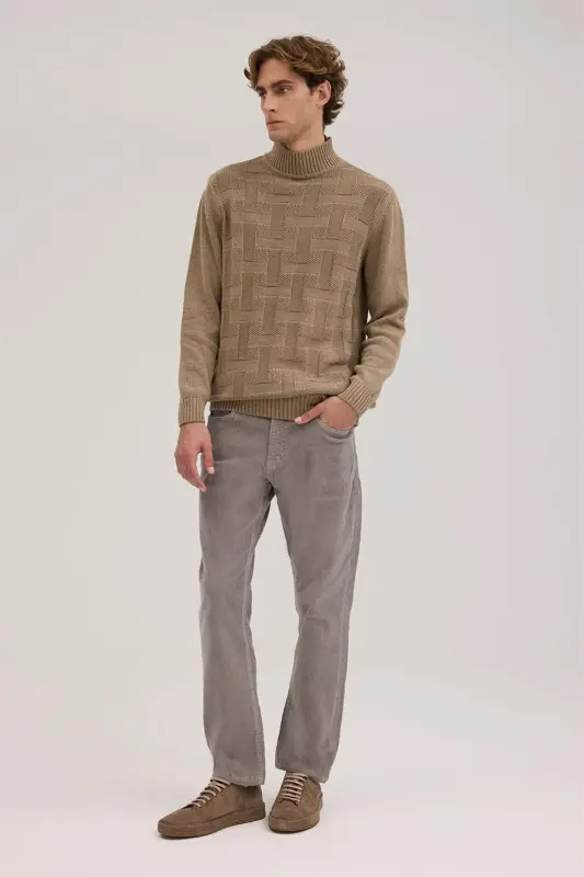 Визон Slim Fit Узорчатый Трикотаж с Высоким Воротником - 2