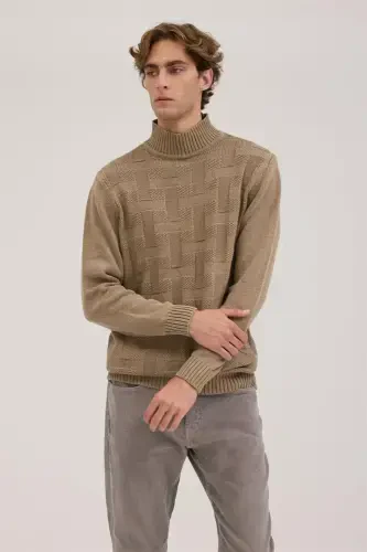 Визон Slim Fit Узорчатый Трикотаж с Высоким Воротником 