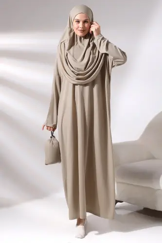 Vizon Tek Parça Çantalı Namaz Elbisesi - Vizon 