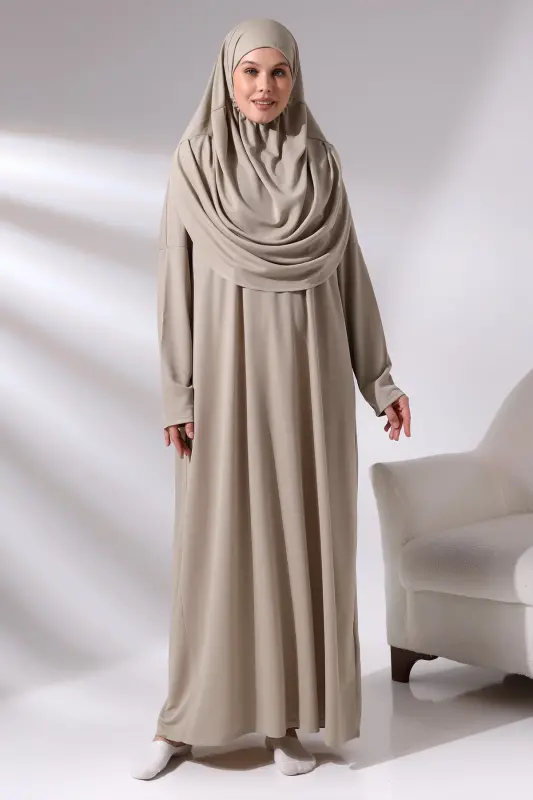 Vizon Tek Parça Çantalı Namaz Elbisesi - Vizon - 2