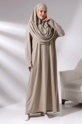 Vizon Tek Parça Çantalı Namaz Elbisesi - Vizon - 4