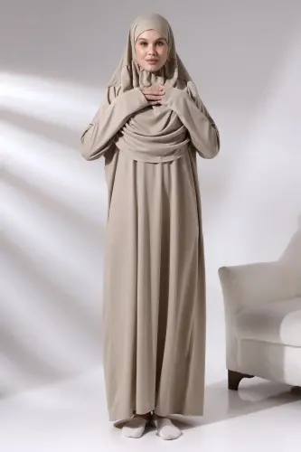 Vizon Tek Parça Çantalı Namaz Elbisesi - Vizon - 7