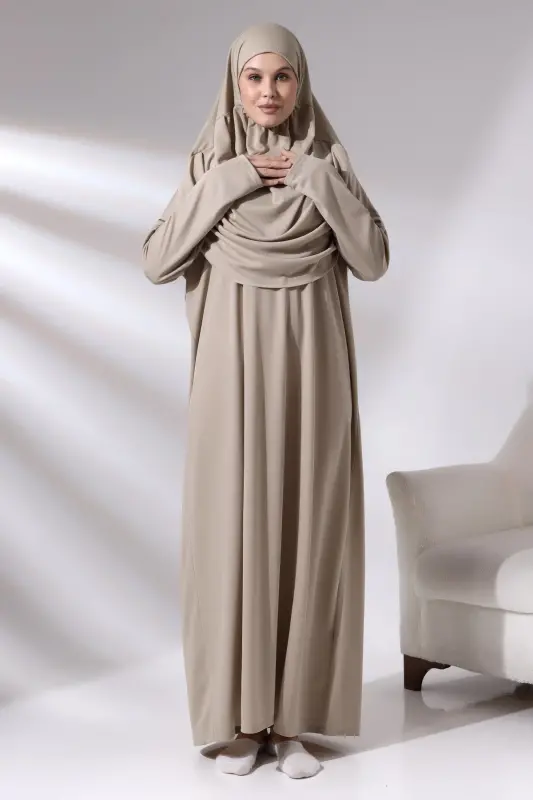 Vizon Tek Parça Çantalı Namaz Elbisesi - Vizon - 7