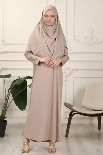 Vizon Tek Parça Kolay Kullanımlı Kendiliğinden Başörtülü Namaz Elbisesi-Vizon - 4
