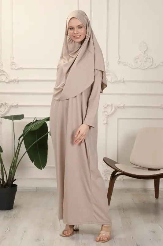 Vizon Tek Parça Kolay Kullanımlı Kendiliğinden Başörtülü Namaz Elbisesi-Vizon - 5