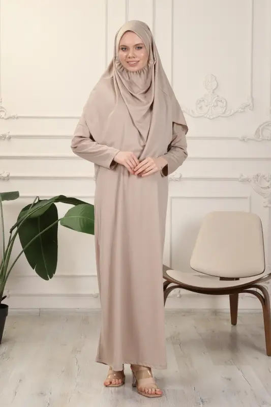Vizon Tek Parça Kolay Kullanımlı Kendiliğinden Başörtülü Namaz Elbisesi-Vizon - 3