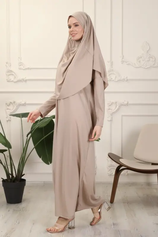 Vizon Tek Parça Kolay Kullanımlı Kendiliğinden Başörtülü Namaz Elbisesi-Vizon - 6