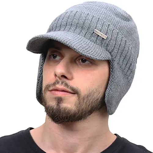 Winter Beanie w/Visor & Earflaps for Men Outdoor Fleece Hat Scarf Set - 1