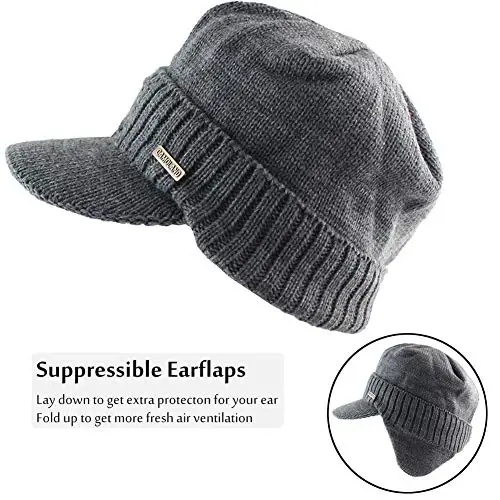 Winter Beanie w/Visor & Earflaps for Men Outdoor Fleece Hat Scarf Set - 3