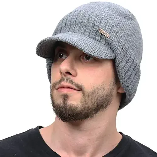 Winter Beanie w/Visor & Earflaps for Men Outdoor Fleece Hat Scarf Set - 2