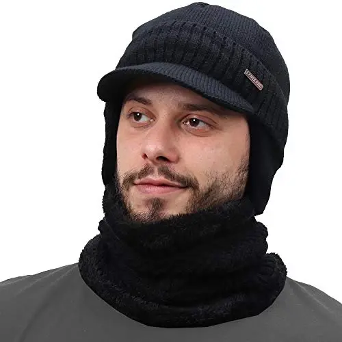 Winter Beanie w/Visor & Earflaps for Men Outdoor Fleece Hat Scarf Set - 1