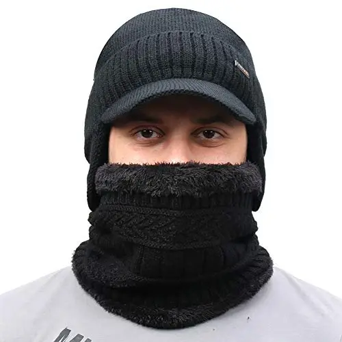 Winter Beanie w/Visor & Earflaps for Men Outdoor Fleece Hat Scarf Set - WINTER (1)