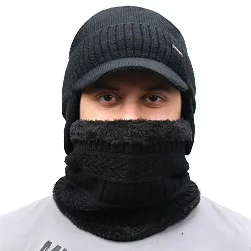 Winter Beanie w/Visor & Earflaps for Men Outdoor Fleece Hat Scarf Set - 2